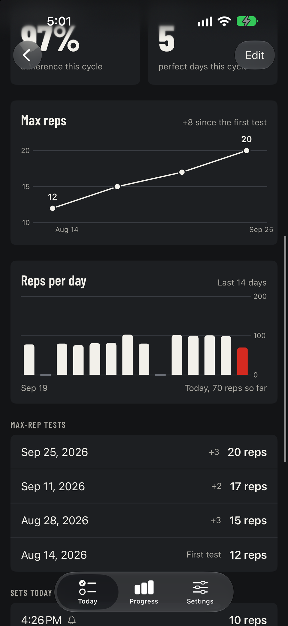 Charts for push-ups: max reps rising from 12 to 20 across 4 tests, and reps per day for the last 14 days.