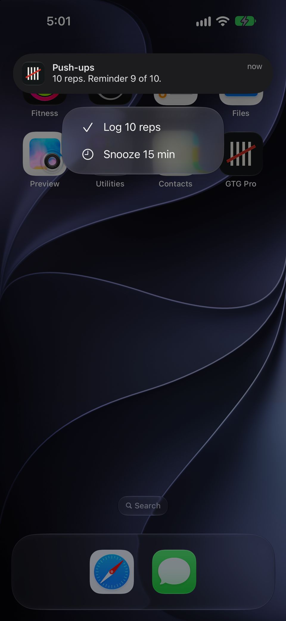 A reminder over the home screen: Push-ups, 10 reps, reminder 9 of 10, with the actions Log 10 reps and Snooze 15 min.