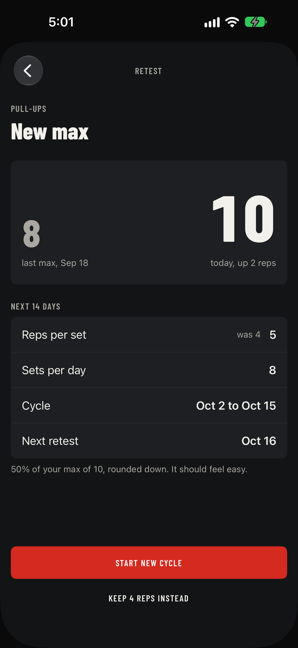 A retest result for pull-ups: a new max of 10, up 2 from 8, and the next 14 days at 5 reps per set.